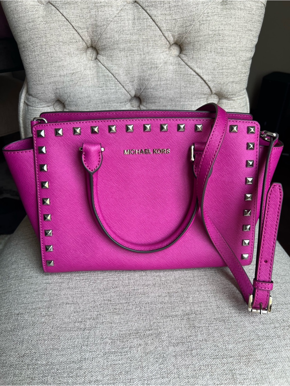 Michael Kors Hot Pink Studded Saffiano Satchel - Picture 1 of 8